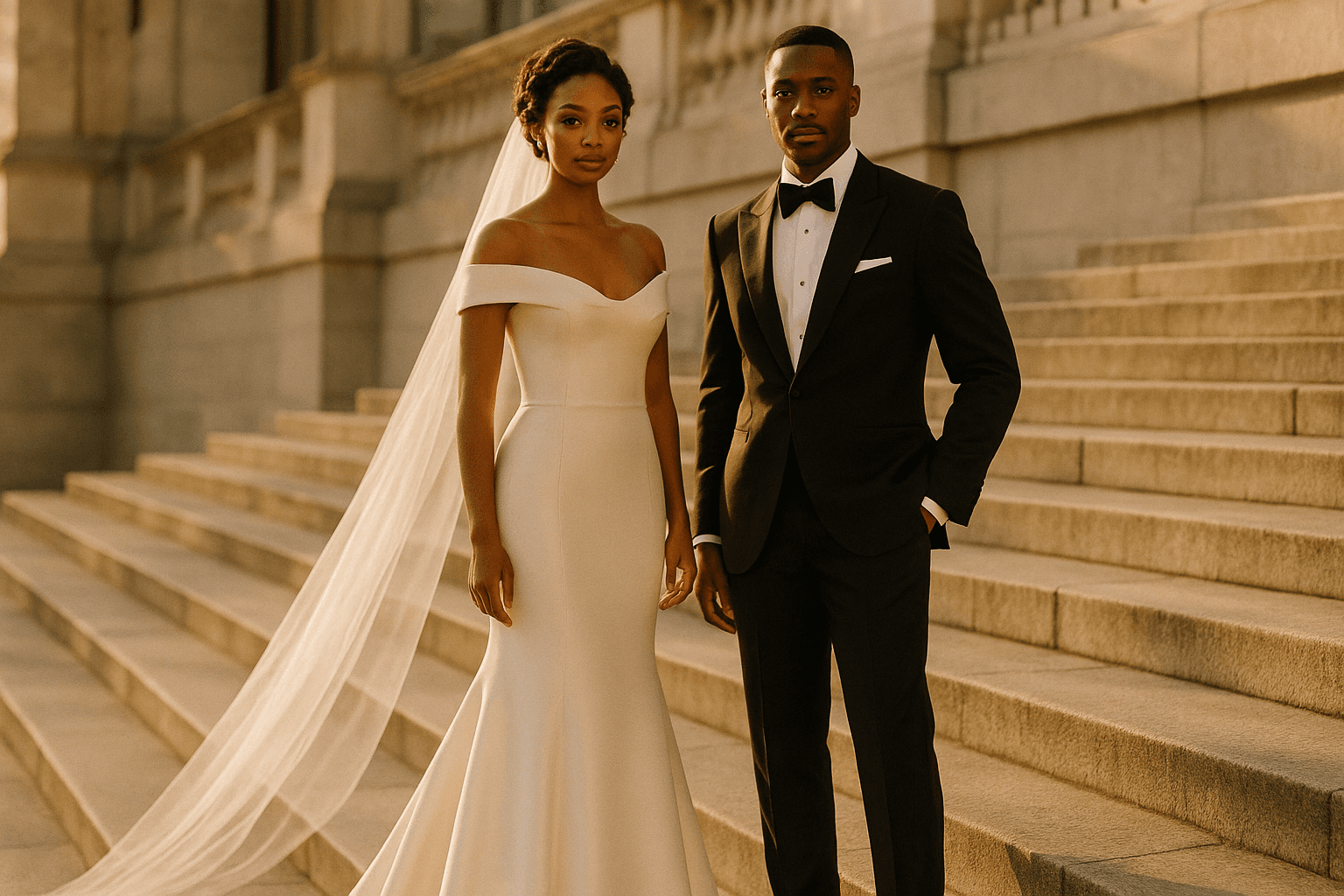 Elegant bride and groom on wedding steps